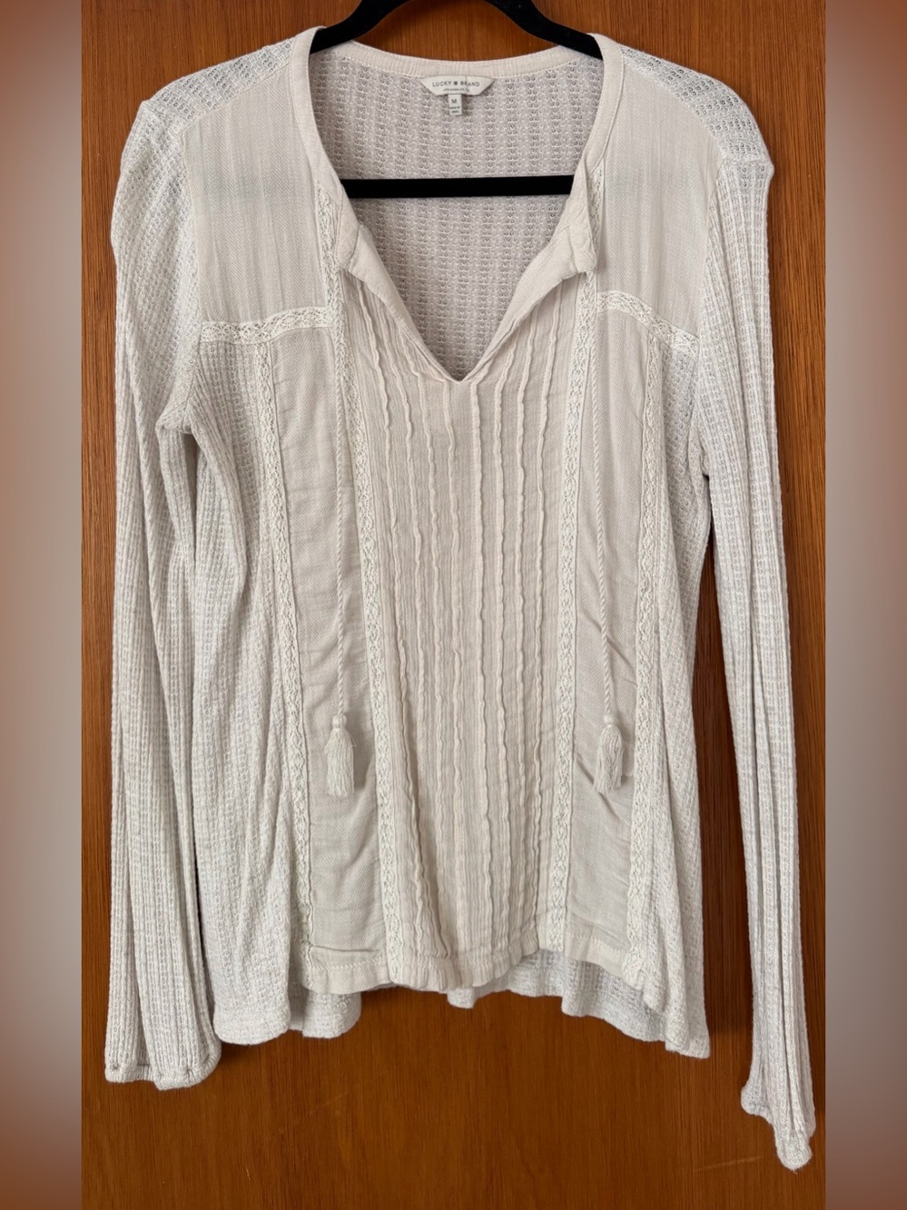 Lucky Brand Cream V-Neck Knit Tunic with Tassel Ties